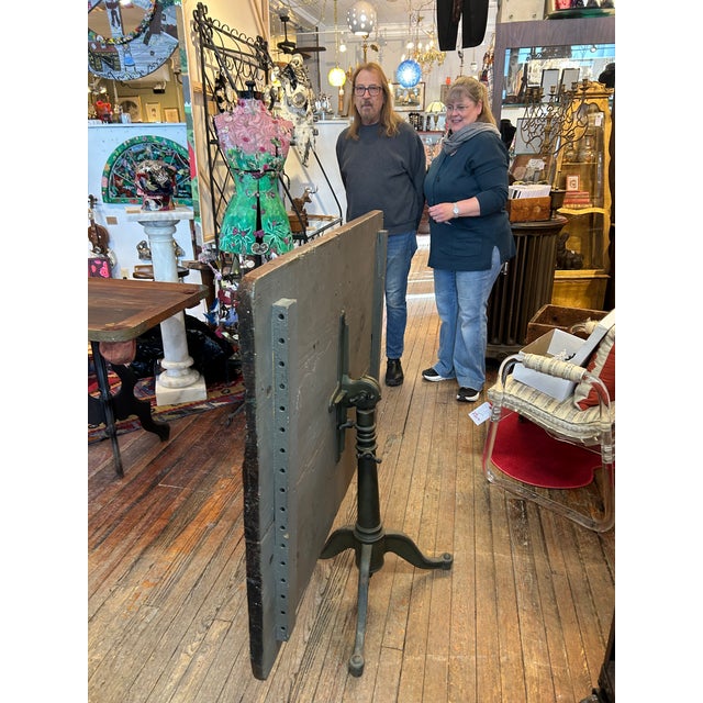 Industrial Salvaged Tilt Top Wood Work Table With Iron Base For Sale - Image 13 of 18