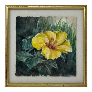 Patti Touchton Original Watercolor Yellow Hibiscus Florida Botanical Painting For Sale