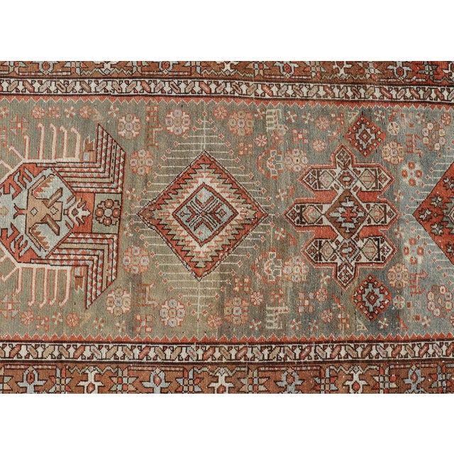 Orange Antique Persian Long Serapi Runner With Multi Medallions in Green, Blue, Orange For Sale - Image 8 of 14