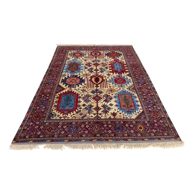 Vintage Kazak Wool Rug, Ivory Tribal Medallion For Sale