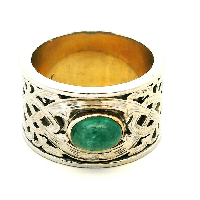 Vintage Samuel Aaron 14k White Gold Cabochon Emerald Wide Band Ring, Size 9.75 For Sale - Image 10 of 12