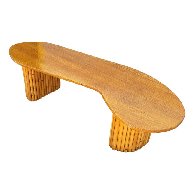 1950s Restored Rare Mid-Century Rattan and Mahogany Asymmetric "J" Coffee Table For Sale