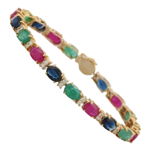 15.01 Ct Emerald, Ruby and Blue Sapphire Tennis Bracelet in 14k Yellow Gold