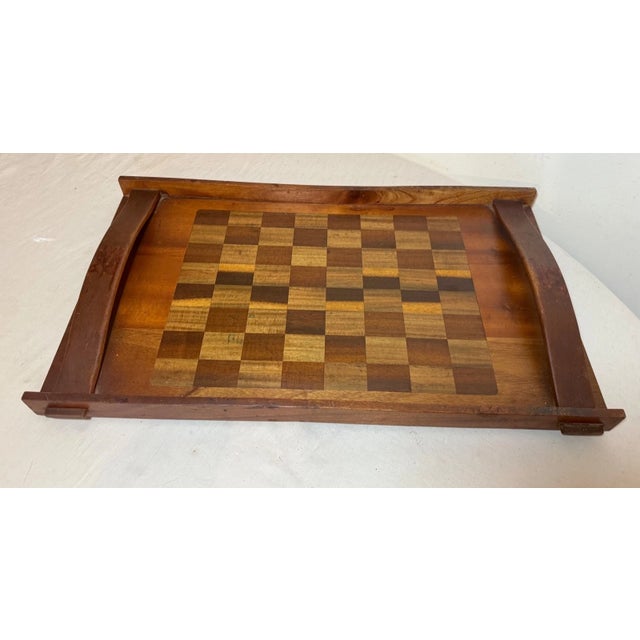 Brown Antique Hand Carved Wooden Gaming Chess Checker Board Game Serving Butlers Tray For Sale - Image 8 of 10