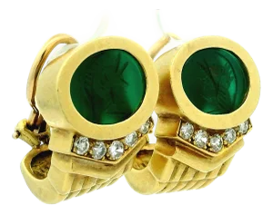 18k Gold Green Intaglio & Diamond Earrings by George K. Wittels, A Pair