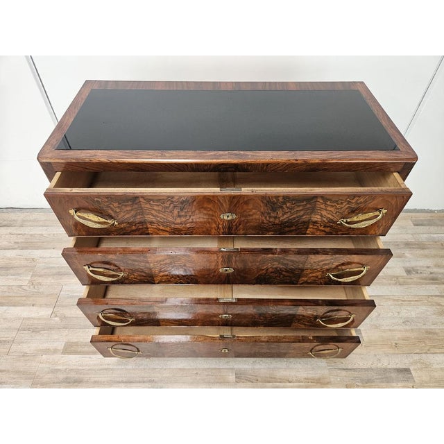 Art Deco Walnut Burl Chest of Drawers with Black Glass Top and Brass Handles, 1940 For Sale - Image 12 of 18