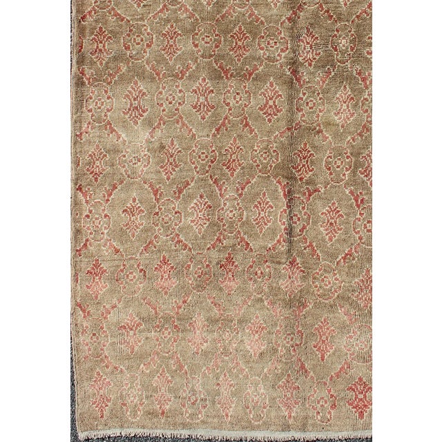 Shabby Chic Vintage Turkish Tulu Rug With Repeating Coral Motifs on a Faded Brown Green Field For Sale - Image 3 of 8