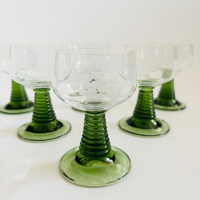 Mid-Century Modern Etched German Roemer Coupe Wine Glasses With Green Stems - Set of 6 For Sale - Image 3 of 8