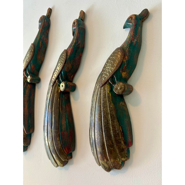 Hollywood Regency Vintage Wooden "Balinese" Peacock Trio in Brass & Wood For Sale - Image 3 of 10