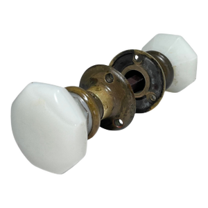 Early 1900s Anitque Milk Glass Door Knobs With Brass Rosettes. 5 Piece Set