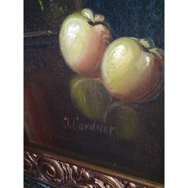 Vintage Realist Still Life Oil Painting With Copper Coffee Pot and Fruit, Signed J. Gardner For Sale - Image 9 of 12