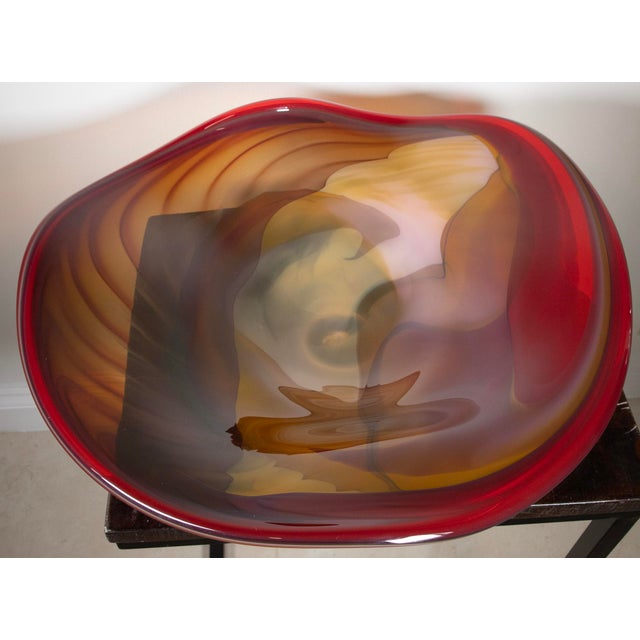 Contemporary Large Signed Studio Art Glass Centerpiece Bowl – Red, Gold & Amber – 23” W For Sale - Image 3 of 9