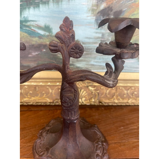 Late 19th Century Possibly 19th Century Ornate Cast Iron Double-Arm Candelabrum With Floral Bobeches and Scroll Base. For Sale - Image 5 of 9