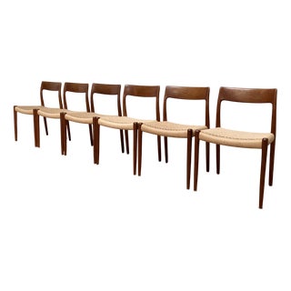 Danish Teak Model 77 Dining Papercord Chairs by Niels Otto (N. O.) Møller for J.L. Møllers, 1970s, Set of 6 For Sale