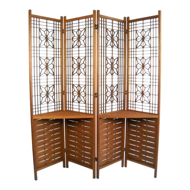 Reticulated Teak Screen With Shelves For Sale