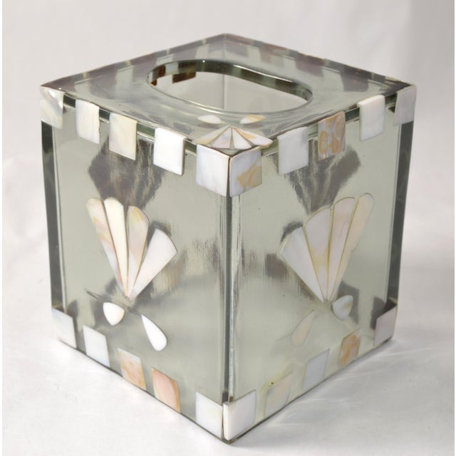 Late 20th Century Coastal Acrylic Mother of Pearl Seascape Tissue Box Cover For Sale - Image 14 of 14