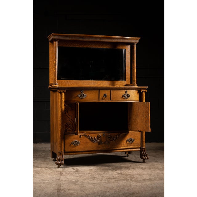 Antique Empire Revival Oak Clawfoot Sideboard With Mirror For Sale - Image 4 of 11
