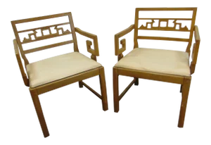Mid Century Chinese Chippendale Style Walnut Arm Chairs - a Pair