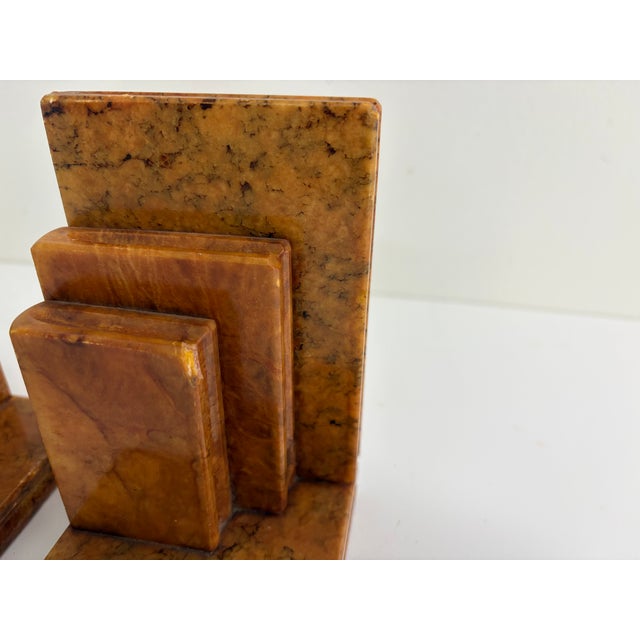 Vintage Italian Alabaster Bookends – Art Deco Style Brown Veined Stone Pair For Sale - Image 13 of 14