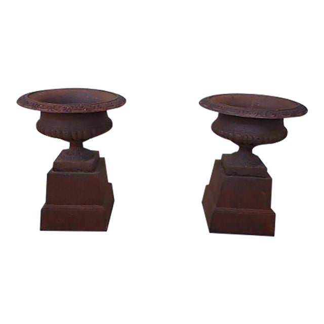 19th Century Large Cast Iron Urns With Pedestals - a Pair For Sale