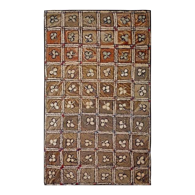 1900s Brown Floral Folk Art Antique American Hooked Rug 4'0" X 6'6" Handknotted Wool Carpet For Sale