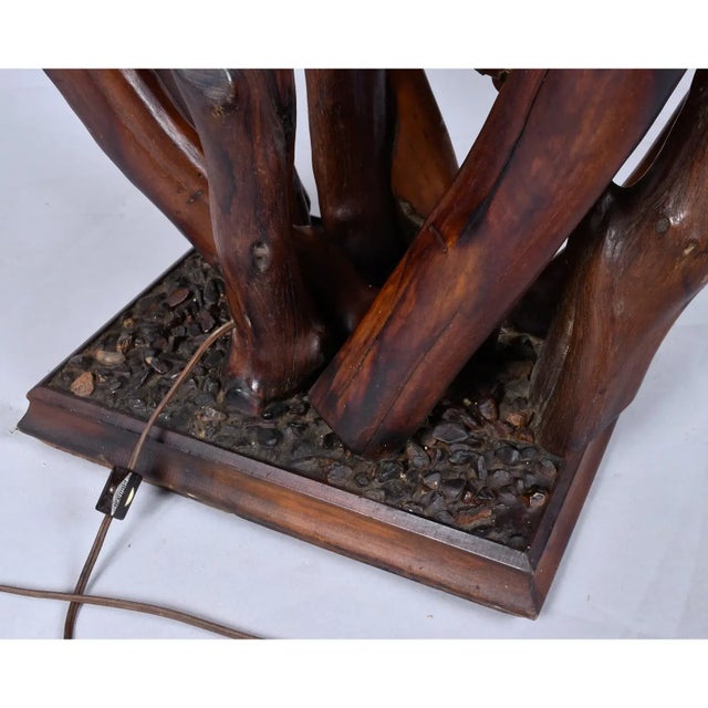 1970s Rustic Handcrafted Tree Branch Floor Lamp With Amber Glass Globes For Sale - Image 11 of 13