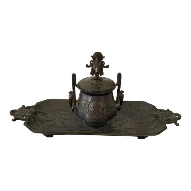 19th Century Antique Egyptian Revival Bronze Inkwell For Sale