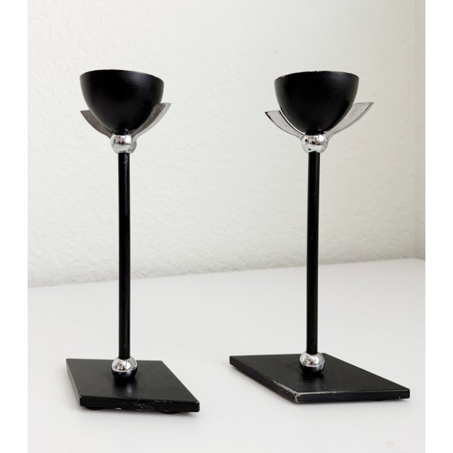 Metal Memphis Chrome Winged Candle Holders, a Pair For Sale - Image 7 of 9