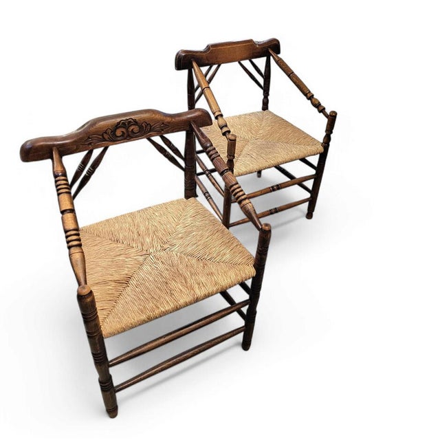 Dutch Oak and Rush Chairs, 1930s, Set of 2 For Sale - Image 3 of 15
