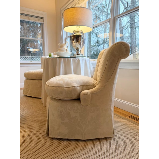 Traditional Custom Scallop Backed, Skirted Slipper Chairs in Cloud Dancer Damask, a Pair For Sale - Image 3 of 18