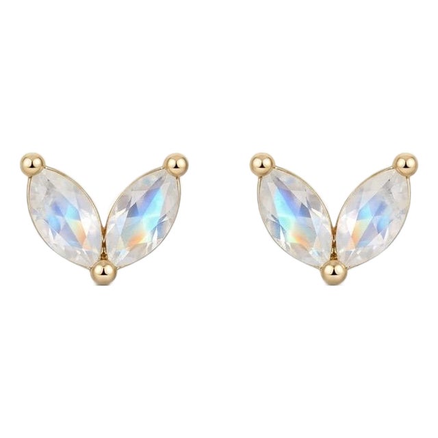 Rainbow Moonstone Marquise Studs | Minimalist Gemstone Studs Arrings | Dainty Everyday June Birthstone Studs - A Pair For Sale