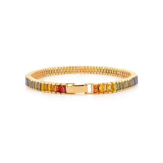 Baguette Cut Rainbow Sapphire Channel Bracelet in 14k Gold For Sale - Image 4 of 9