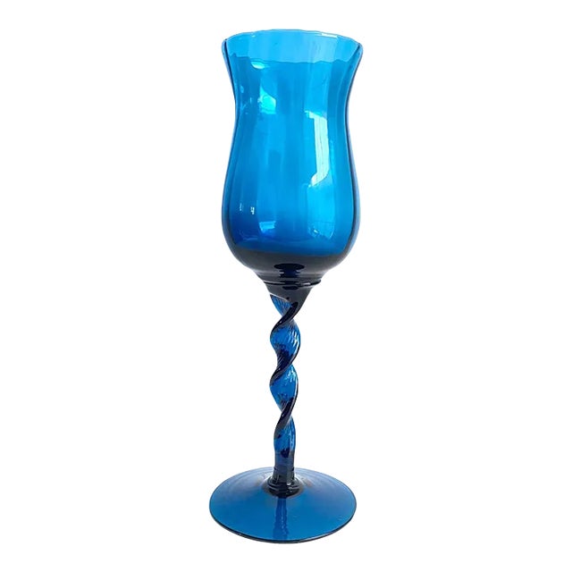 Mid Century Modern 1960s Empoli Italian Art Glass Compote Vase Teal Blue Colored Twisted Snifter 13” Tall For Sale