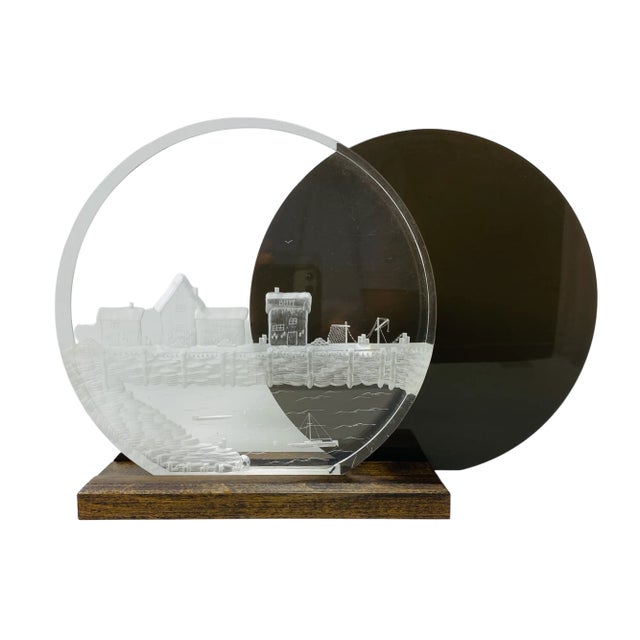 1978 Signed Ronald Fox Reverse Carved Lucite Fishing Village With Green Background and Wood Stand For Sale - Image 12 of 12