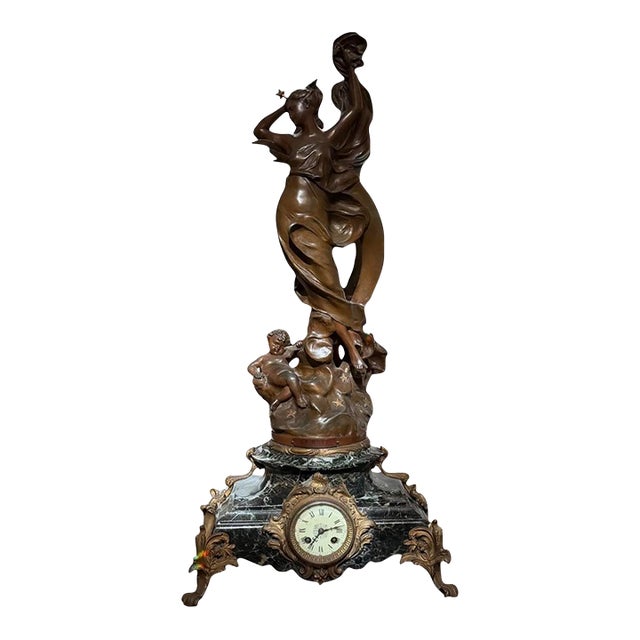 Antique French Bronze & Marble Art Nouveau Clock - La Nuit Madrassi For Sale