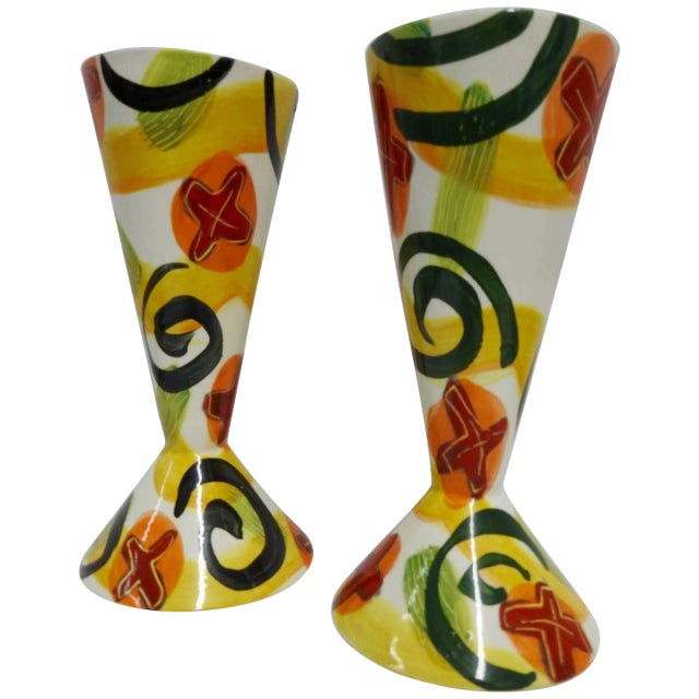 Marilee Hall Pair of Colorful Glazed Pottery Goblets For Sale