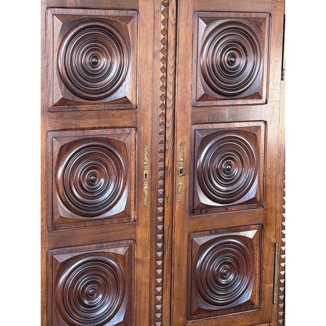 French Brutalist Carved Oak Armoire attributed to Charles Dudouyt, 1940s For Sale - Image 10 of 15