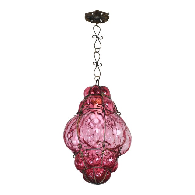 Wonderful Magenta Colour Venetian Lantern, Seguso Murano Glass, Italy, 1950s For Sale