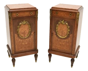 French Inlaid Walnut Bedside Tables with Marble Tops, 1870s, Set of 2