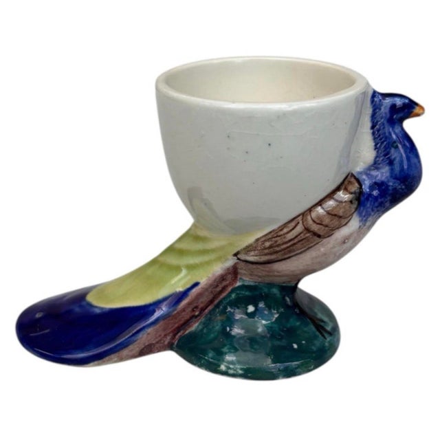 French Majolica Peacock Egg Cup Sarreguemines Circa 1920.