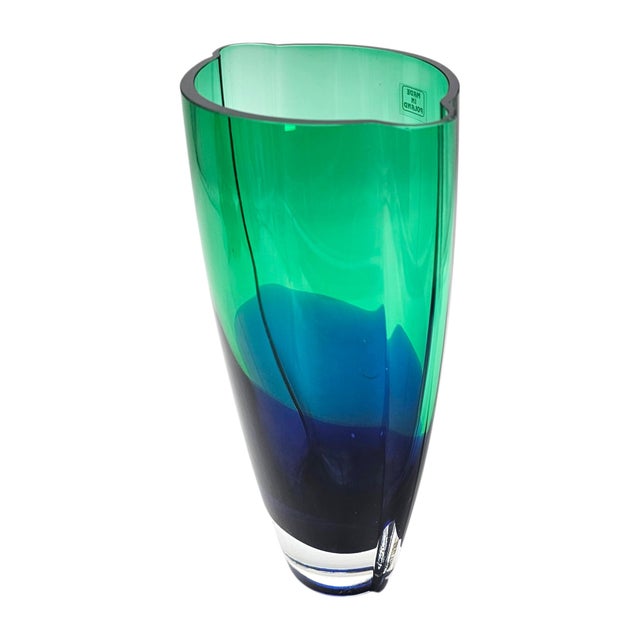Krosno Polish Art Glass Vase Green Over Blue Cased Modernist Form 11.5" For Sale In San Francisco - Image 6 of 14