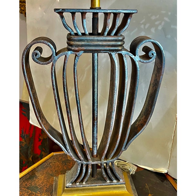 Art Deco Polished Metal Shade & Wrought IronTable Lamp, France, 1940s For Sale - Image 3 of 18