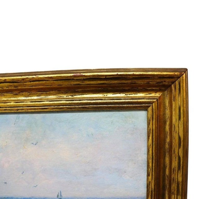 Blue Oil on Board Painting of a Maine Coastal Scene Signed by Mo Henneman C1920 For Sale - Image 8 of 12