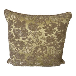 Nancy Corzine Pillow in Gold Satin With Hand Beaded Floral Design in Iridescent Beads For Sale