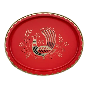 Mid-Century Modern Peacock Motif Oval Red & Gold Serving Tray