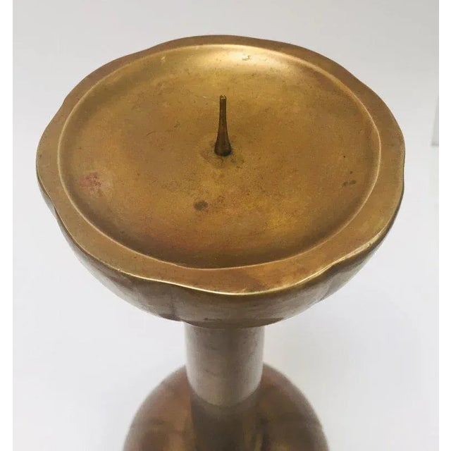 Large Brass Japanese Candlesticks on a Round Scalloped Base and Top For Sale In Palm Springs - Image 6 of 13
