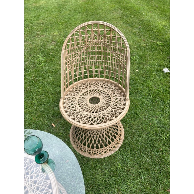 Plastic 1970’s Vintage Russell Woodward Woven Spun Fiberglass Bistro Table and Glass Table Top & Pair of Matching Chairs, Patio Set, Attributed For Sale - Image 7 of 12