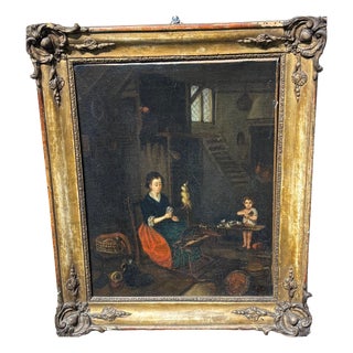 Flemish Artist, Interior Scene of Woman with Spinning Wheel, 1700, Oil on Canvas, Framed For Sale