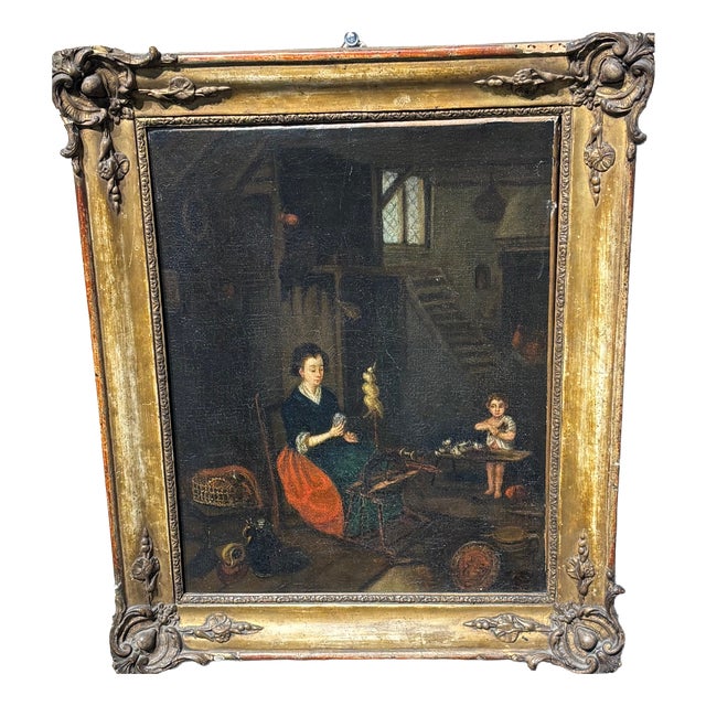 Flemish Artist, Interior Scene of Woman with Spinning Wheel, 1700, Oil on Canvas, Framed For Sale