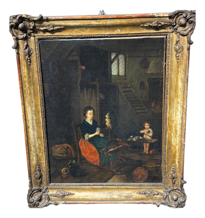Flemish Artist, Interior Scene of Woman with Spinning Wheel, 1700, Oil on Canvas, Framed
